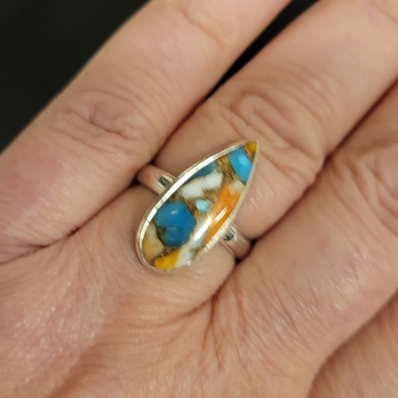 GENUINE Spiny Oyster & Arizona Turquoise 925 Silver Ring Jewelry s.7 - Picture 6 of 11